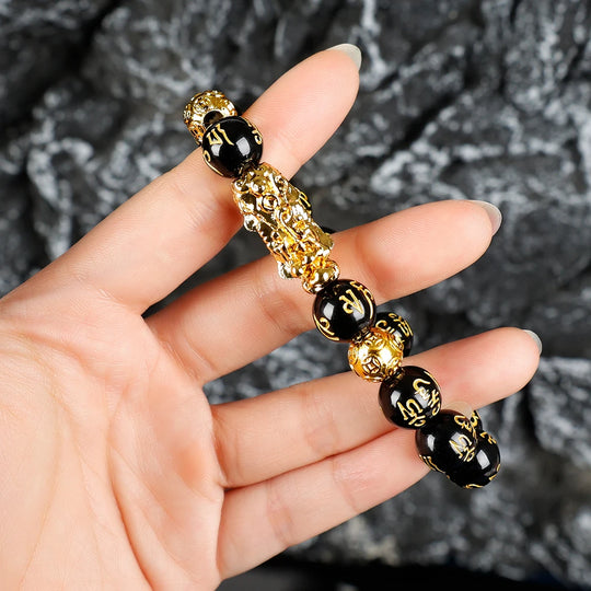 Feng Shui Obsidian Stone Beads Bracelet Men Women Unisex Wristband Gold Black Pixiu Wealth and Good Luck Color Changing Bracelet