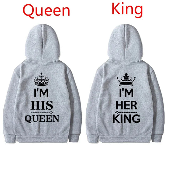 NEW Couples Hoodies I'M HIS QUEEN And I'M HER KING Print Hooded Long Sleeve Couple Queen King Sweatshirt Women Men Pullover