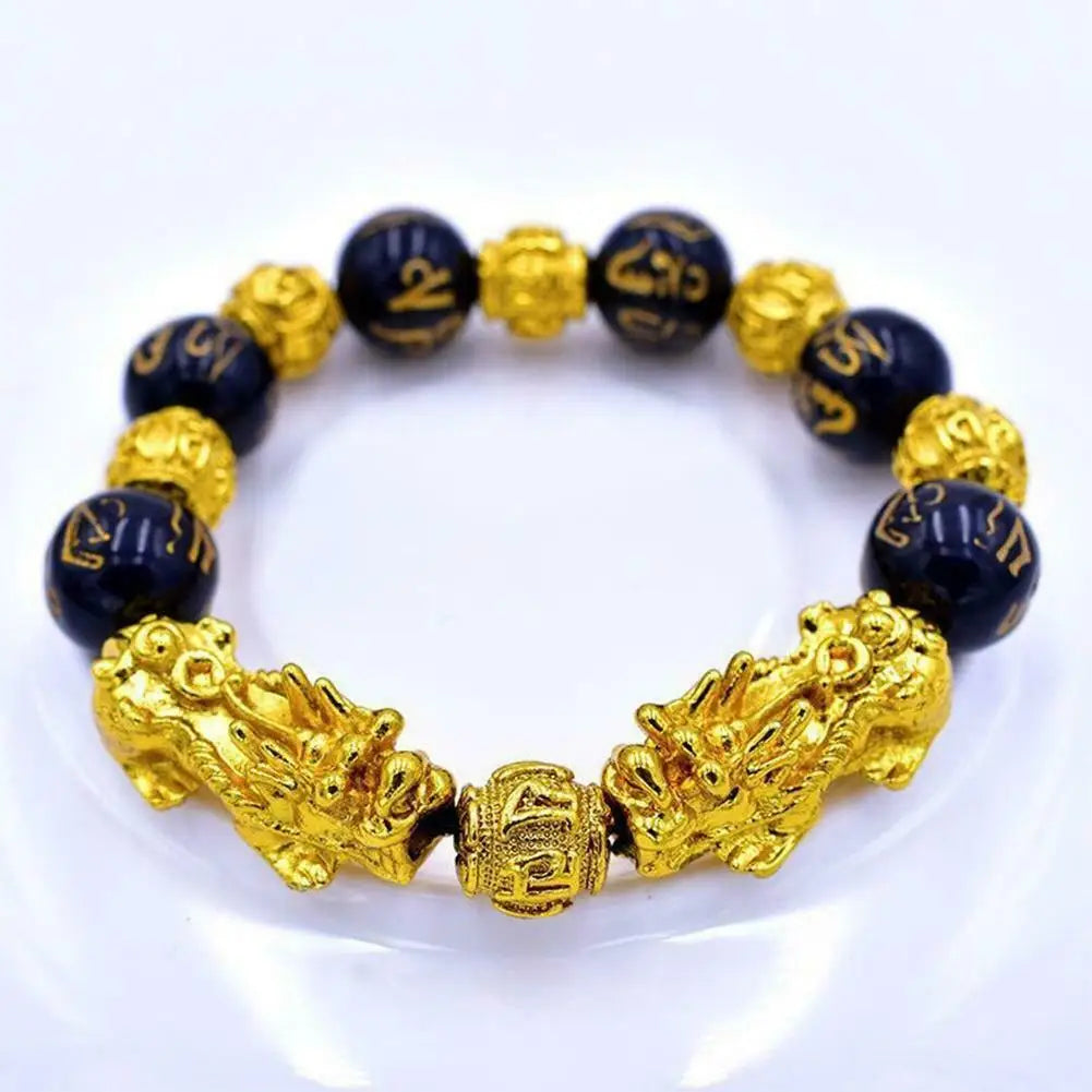 Feng Shui Obsidian Stone Beads Bracelet Men Women Unisex Wristband Gold Black Pixiu Wealth and Good Luck Color Changing Bracelet