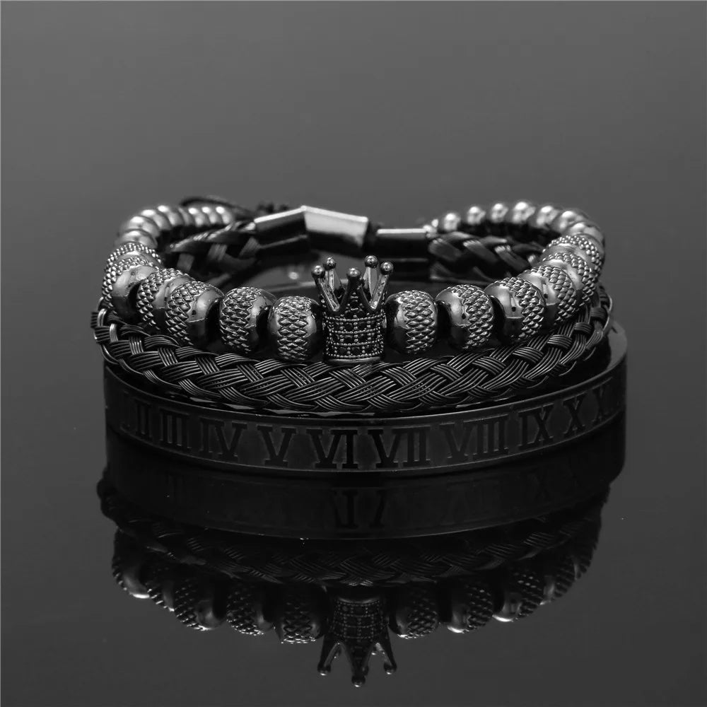 3pcs/Set Luxury Royal CZ King Crown Men Bracelets Roman Numeral Braided Adjustable