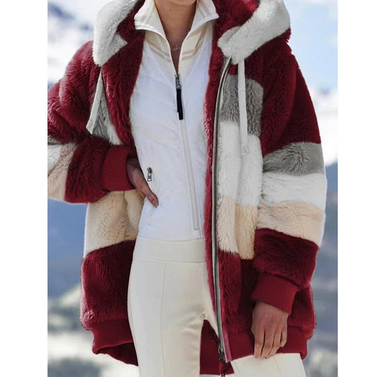 Hooded Zipper Jacket Spliced Thick Cashmere Women Jacket Stitching Plaid Ladies Coats