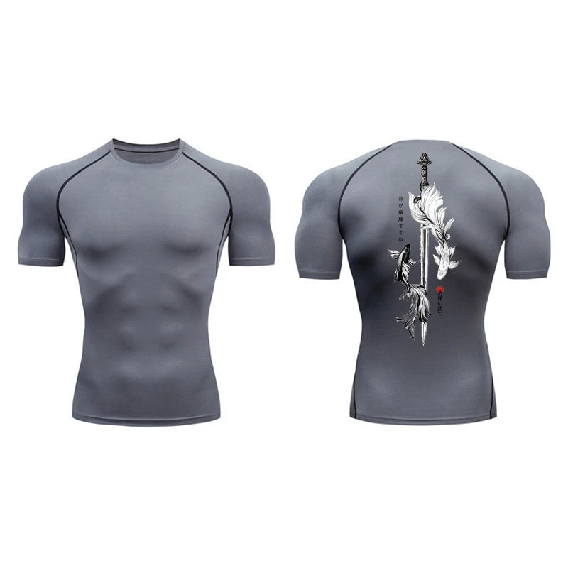 Yin Yang Sword Print Compression Shirt for Men – Quick Dry, Athletic Gym & Running T-Shirt