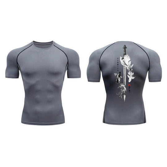 Yin Yang Sword Print Compression Shirt for Men – Quick Dry, Athletic Gym & Running T-Shirt