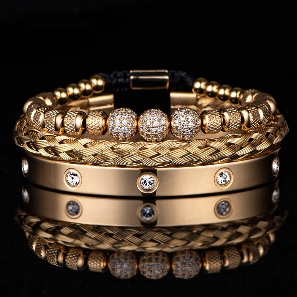 3pcs Luxury Micro Pave Round Beads Royal Charm Bracelets, Stainless Steel Crystals Bangles Couple Handmade