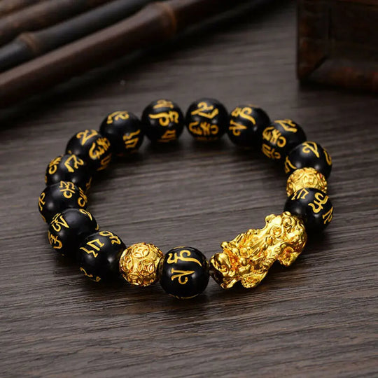 Feng Shui Obsidian Stone Beads Bracelet Men Women Unisex Wristband Gold Black Pixiu Wealth and Good Luck Color Changing Bracelet