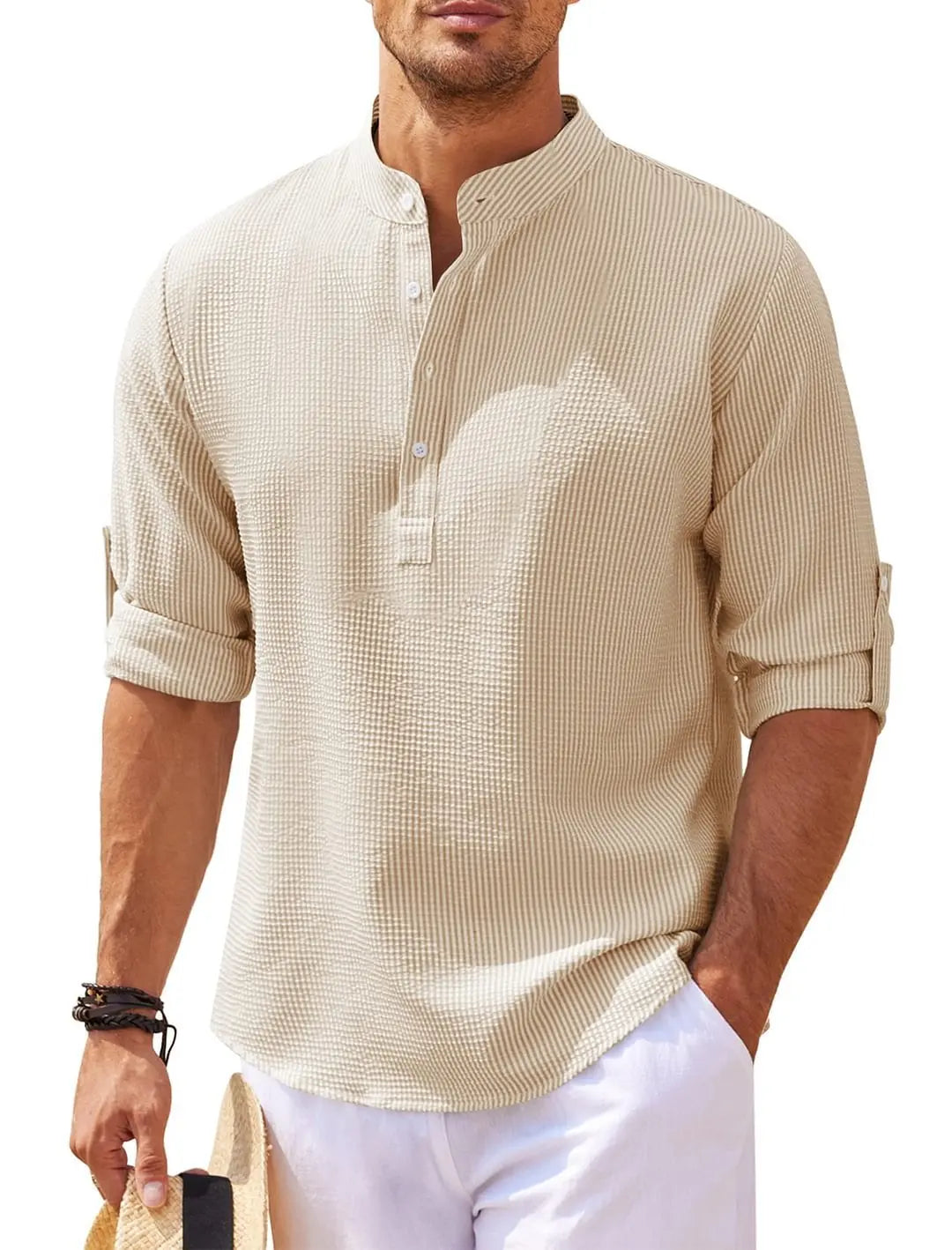 Men’s cotton linen long-sleeve shirt – casual beachwear, breathable spring and autumn style

