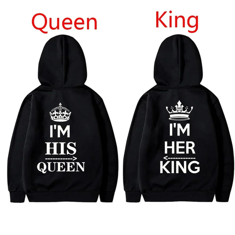 NEW Couples Hoodies I'M HIS QUEEN And I'M HER KING Print Hooded Long Sleeve Couple Queen King Sweatshirt Women Men Pullover