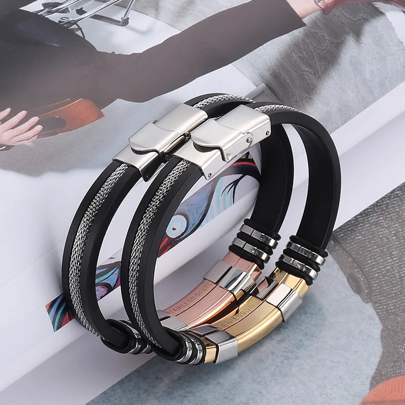 Fashion Stainless Steel Bracelets Men Wrist Band Black Grooved Rudder Silicone Mesh Link Insert Punk Wristband Casual Bangles