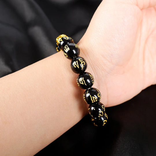 Feng Shui Obsidian Stone Beads Bracelet Men Women Unisex Wristband Gold Black Pixiu Wealth and Good Luck Color Changing Bracelet