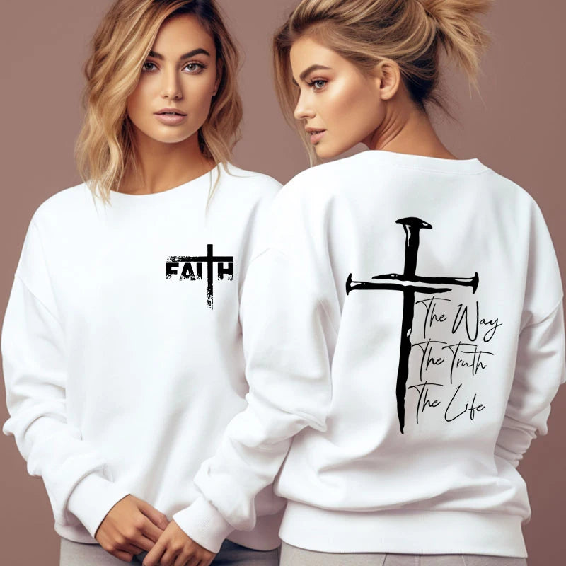 The Way The Truth The Life Print Sweatshirt Women Jesus Cross O-Neck Hoodless Pullover Religion Faith Christianity Female Hoodie