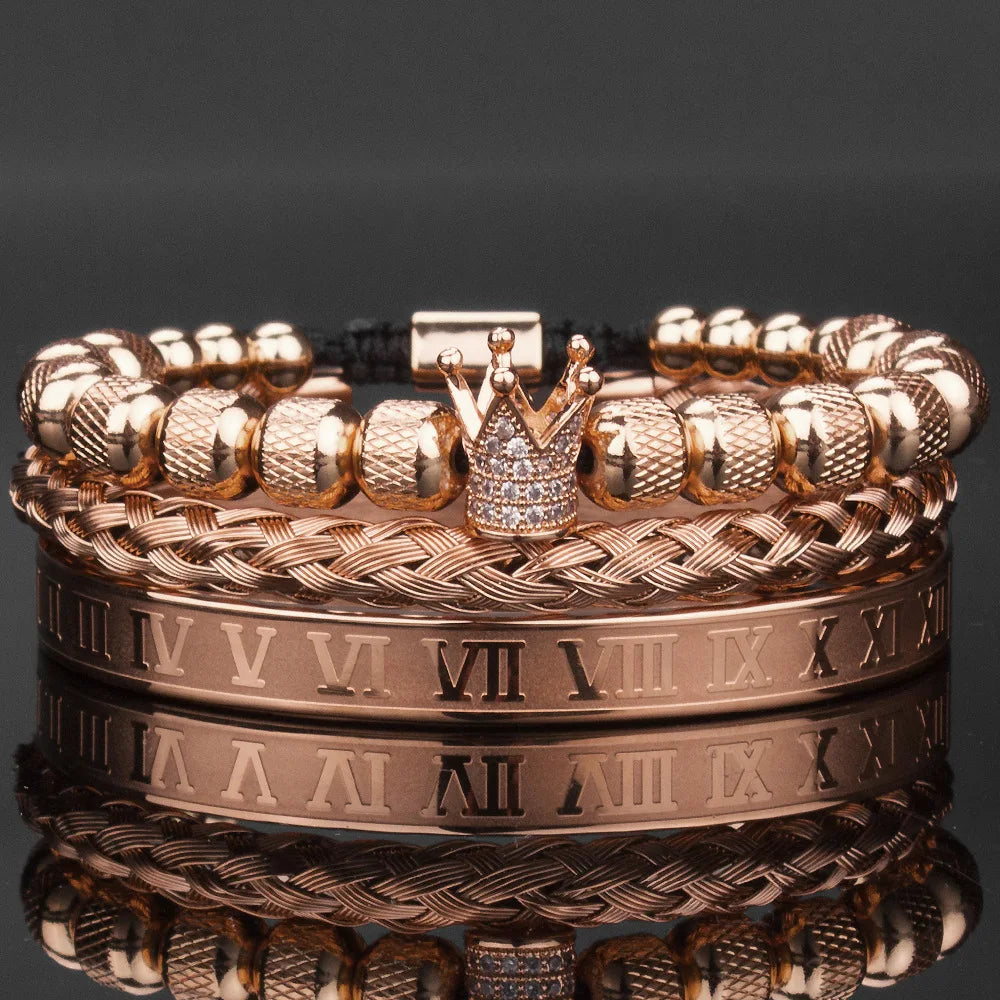 3pcs/Set Luxury Royal CZ King Crown Men Bracelets Roman Numeral Braided Adjustable