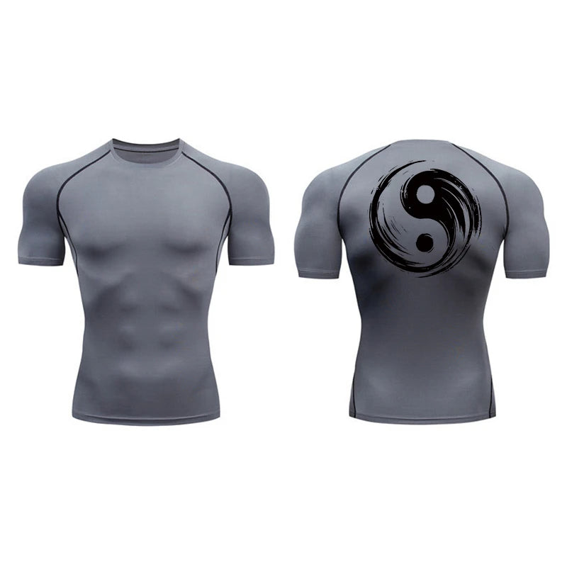 Yin Yang Sword Print Compression Shirt for Men – Quick Dry, Athletic Gym & Running T-Shirt