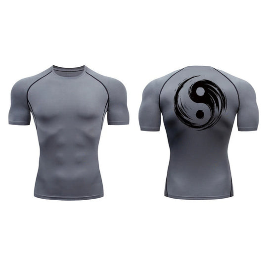Yin Yang Sword Print Compression Shirt for Men – Quick Dry, Athletic Gym & Running T-Shirt