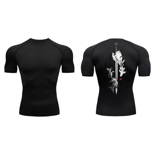 Yin Yang Sword Print Compression Shirt for Men – Quick Dry, Athletic Gym & Running T-Shirt