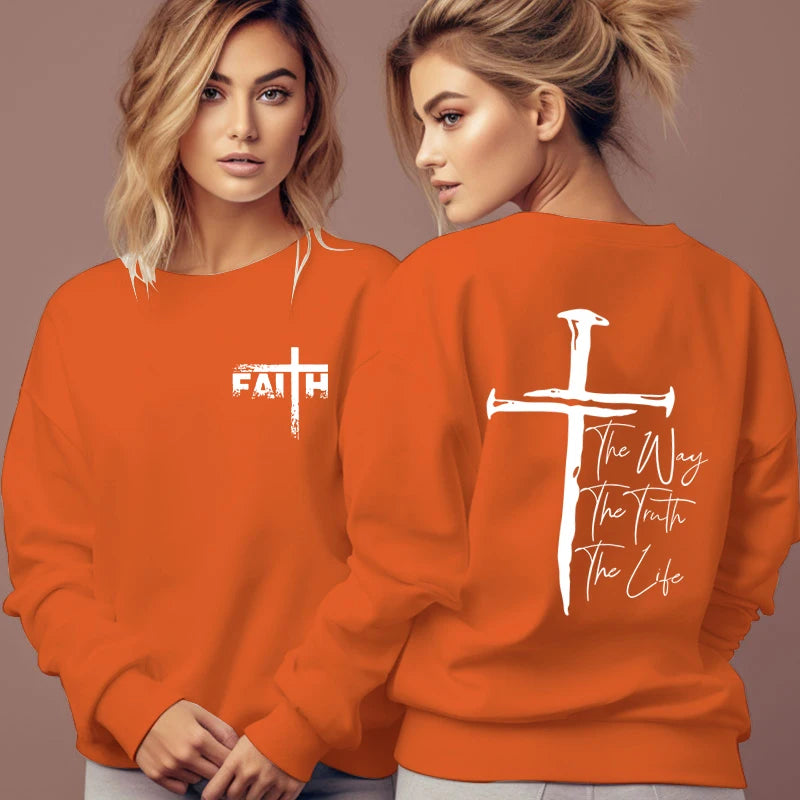 The Way The Truth The Life Print Sweatshirt Women Jesus Cross O-Neck Hoodless Pullover Religion Faith Christianity Female Hoodie