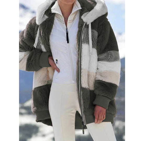 Hooded Zipper Jacket Spliced Thick Cashmere Women Jacket Stitching Plaid Ladies Coats