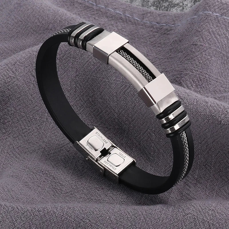 Fashion Stainless Steel Bracelets Men Wrist Band Black Grooved Rudder Silicone Mesh Link Insert Punk Wristband Casual Bangles