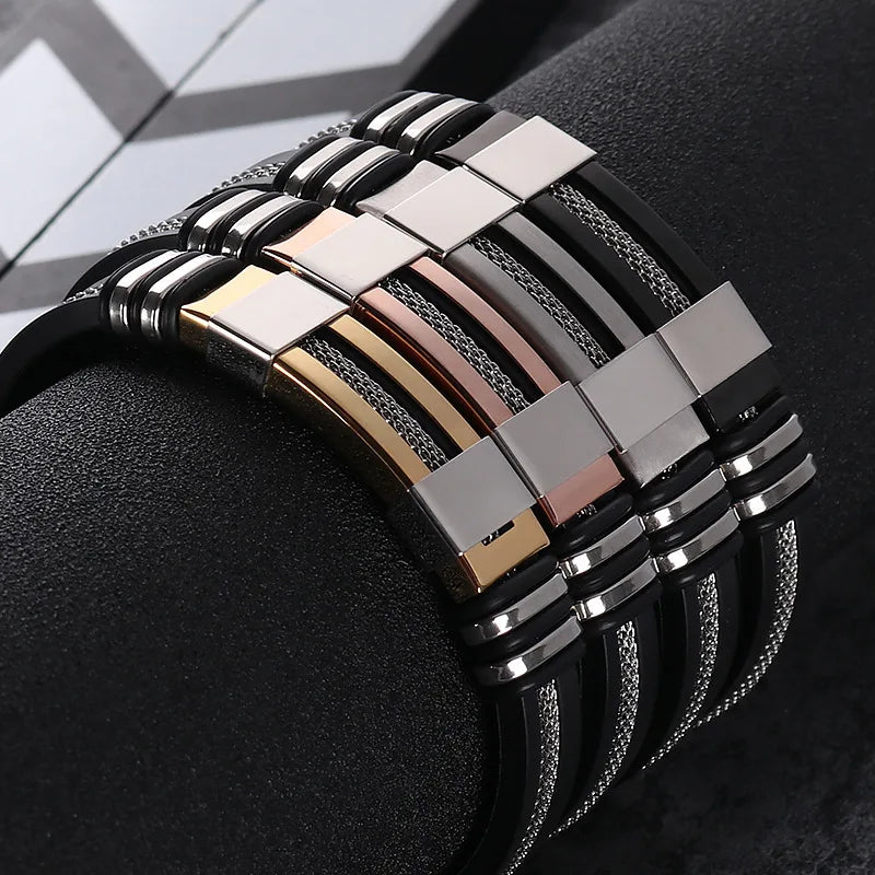 Fashion Stainless Steel Bracelets Men Wrist Band Black Grooved Rudder Silicone Mesh Link Insert Punk Wristband Casual Bangles