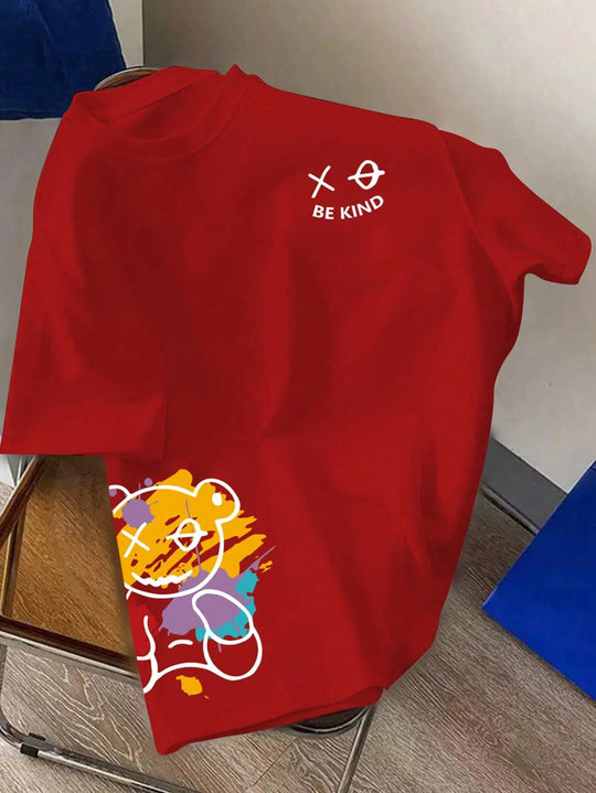 Men’s Loose Fit Cotton “Be Kind” T-Shirt – Cartoon Print Summer Tee