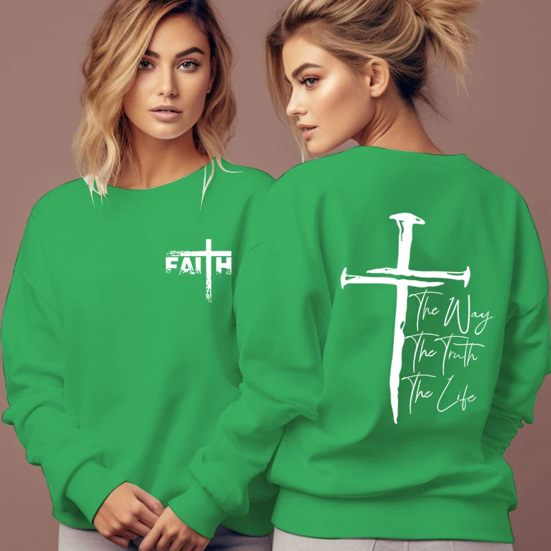 The Way The Truth The Life Print Sweatshirt Women Jesus Cross O-Neck Hoodless Pullover Religion Faith Christianity Female Hoodie