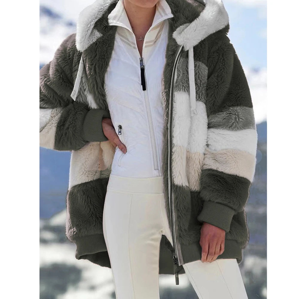 Hooded Zipper Jacket Spliced Thick Cashmere Women Jacket Stitching Plaid Ladies Coats