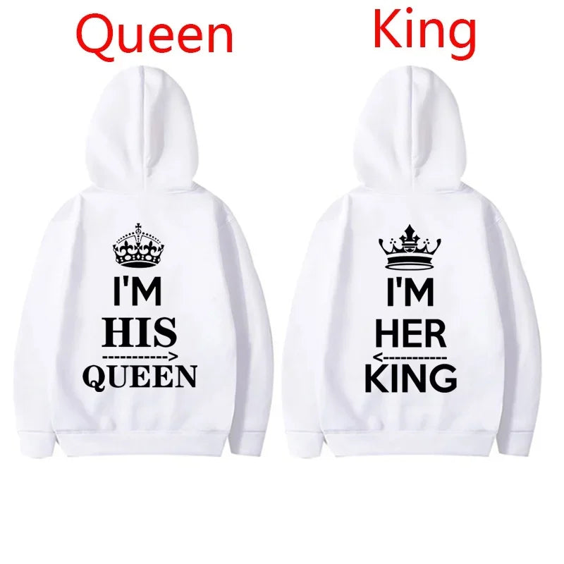 NEW Couples Hoodies I'M HIS QUEEN And I'M HER KING Print Hooded Long Sleeve Couple Queen King Sweatshirt Women Men Pullover