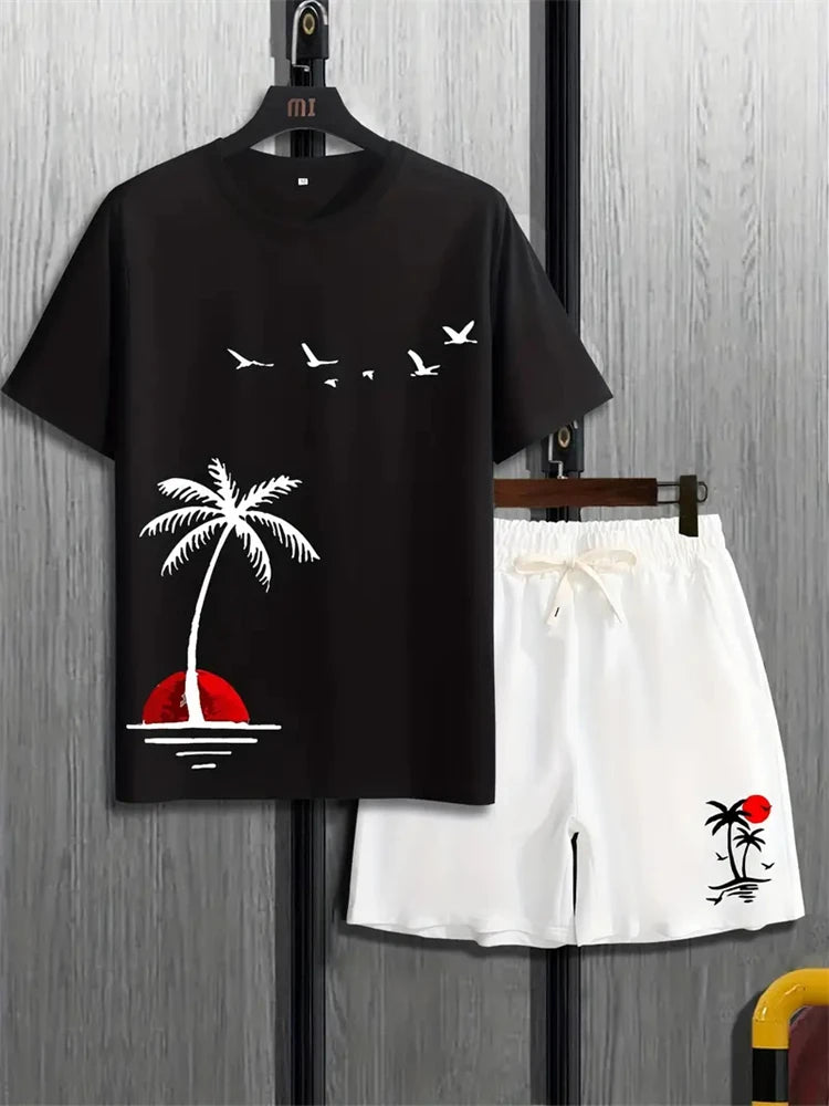 Men’s Gradient Print Summer Shorts Set – Casual Vacation Style 2-Piece Outfit with T-Shirt & Shorts