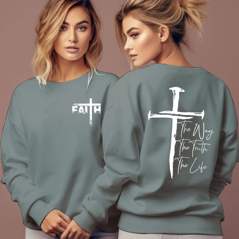 The Way The Truth The Life Print Sweatshirt Women Jesus Cross O-Neck Hoodless Pullover Religion Faith Christianity Female Hoodie