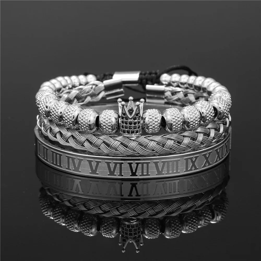 3pcs/Set Luxury Royal CZ King Crown Men Bracelets Roman Numeral Braided Adjustable