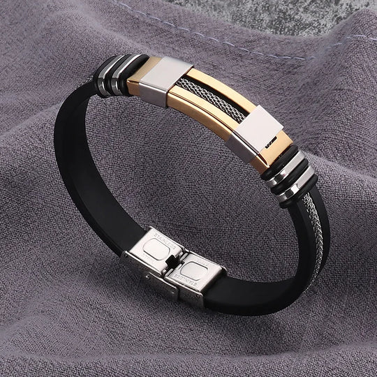 Fashion Stainless Steel Bracelets Men Wrist Band Black Grooved Rudder Silicone Mesh Link Insert Punk Wristband Casual Bangles