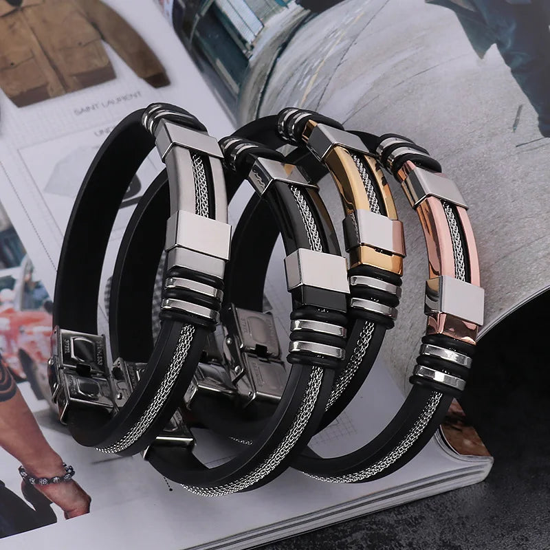 Fashion Stainless Steel Bracelets Men Wrist Band Black Grooved Rudder Silicone Mesh Link Insert Punk Wristband Casual Bangles