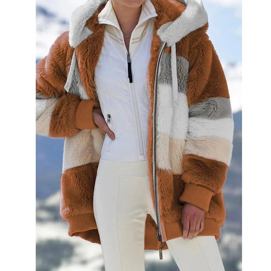 Hooded Zipper Jacket Spliced Thick Cashmere Women Jacket Stitching Plaid Ladies Coats