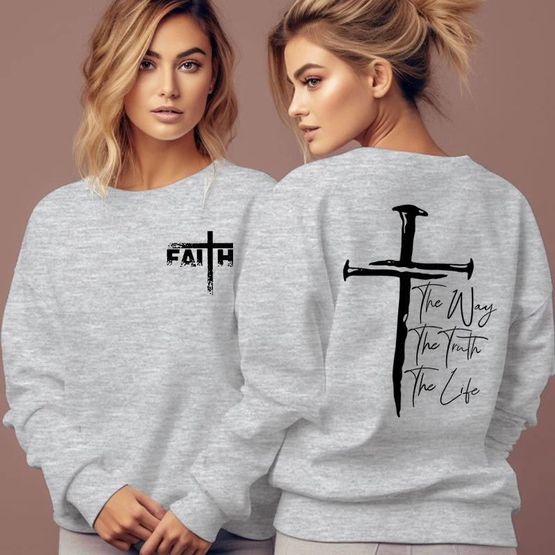 The Way The Truth The Life Print Sweatshirt Women Jesus Cross O-Neck Hoodless Pullover Religion Faith Christianity Female Hoodie