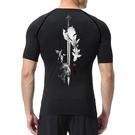 Yin Yang Sword Print Compression Shirt for Men – Quick Dry, Athletic Gym & Running T-Shirt
