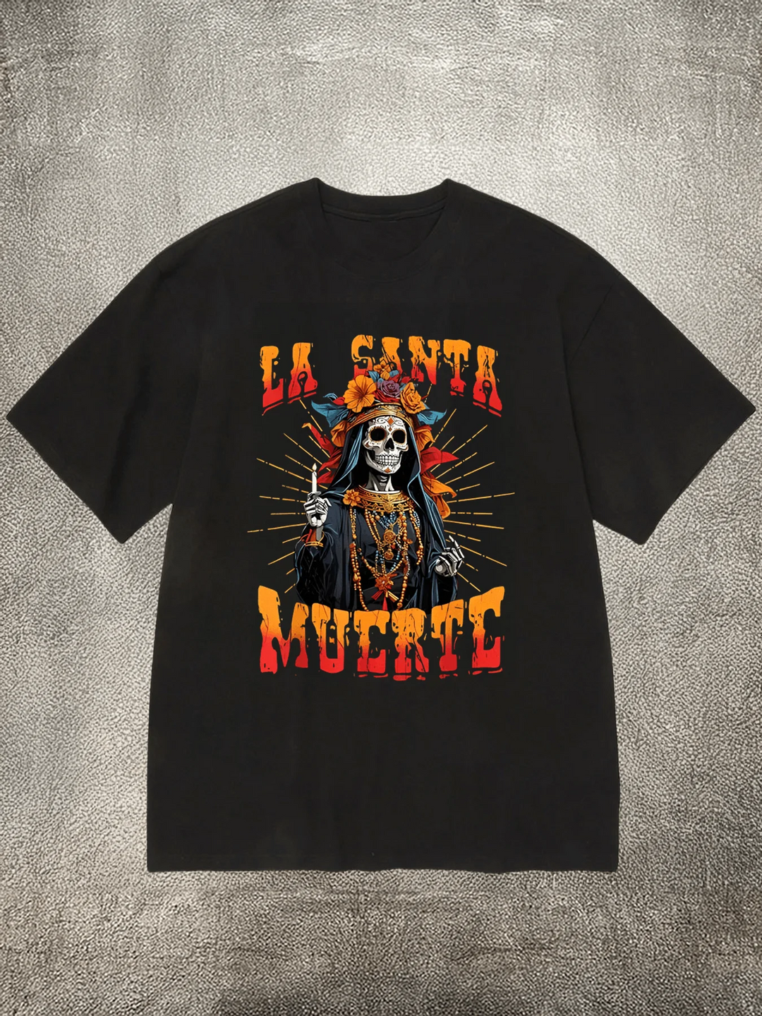 Men’s black La Santa Muerte T-shirt with religious heat-transfer print and short sleeves