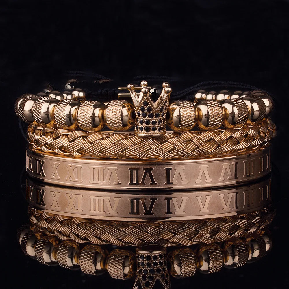 3pcs/Set Luxury Royal CZ King Crown Men Bracelets Roman Numeral Braided Adjustable