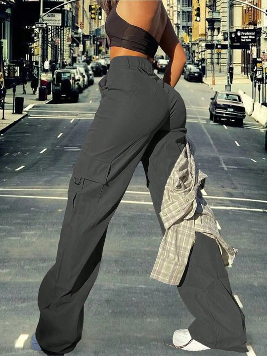 2025 Women’s Y2K High-Waisted Cargo Pants – Stretchy Wide-Leg Streetwear Trousers with Pockets