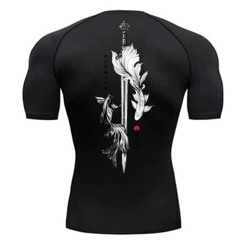 Men’s Yin Yang sword print compression shirt – quick-dry, athletic running tee for gym workouts