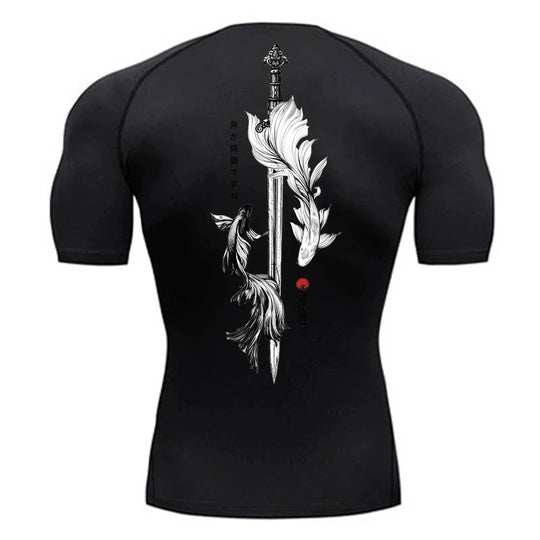 Men’s Yin Yang sword print compression shirt – quick-dry, athletic running tee for gym workouts