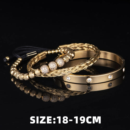 3pcs Luxury Micro Pave Round Beads Royal Charm Bracelets, Stainless Steel Crystals Bangles Couple Handmade