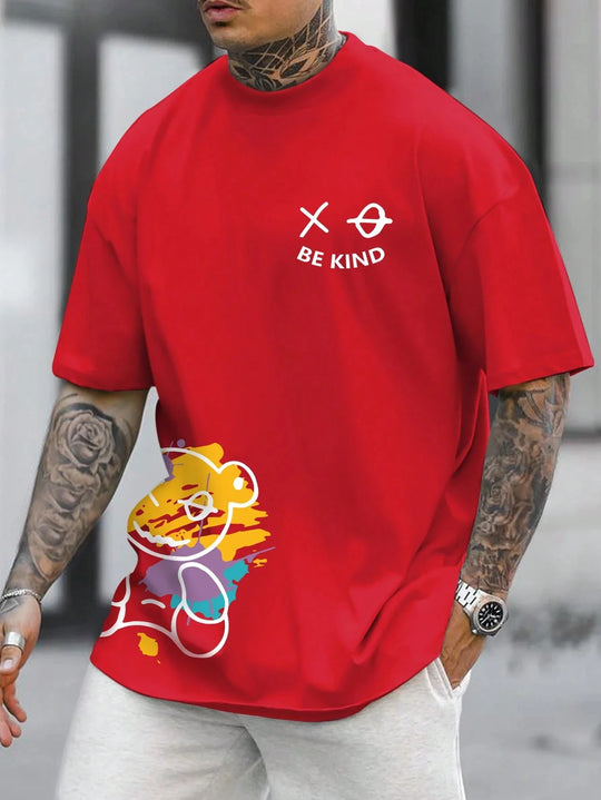 Men’s Loose Fit Cotton “Be Kind” T-Shirt – Cartoon Print Summer Tee