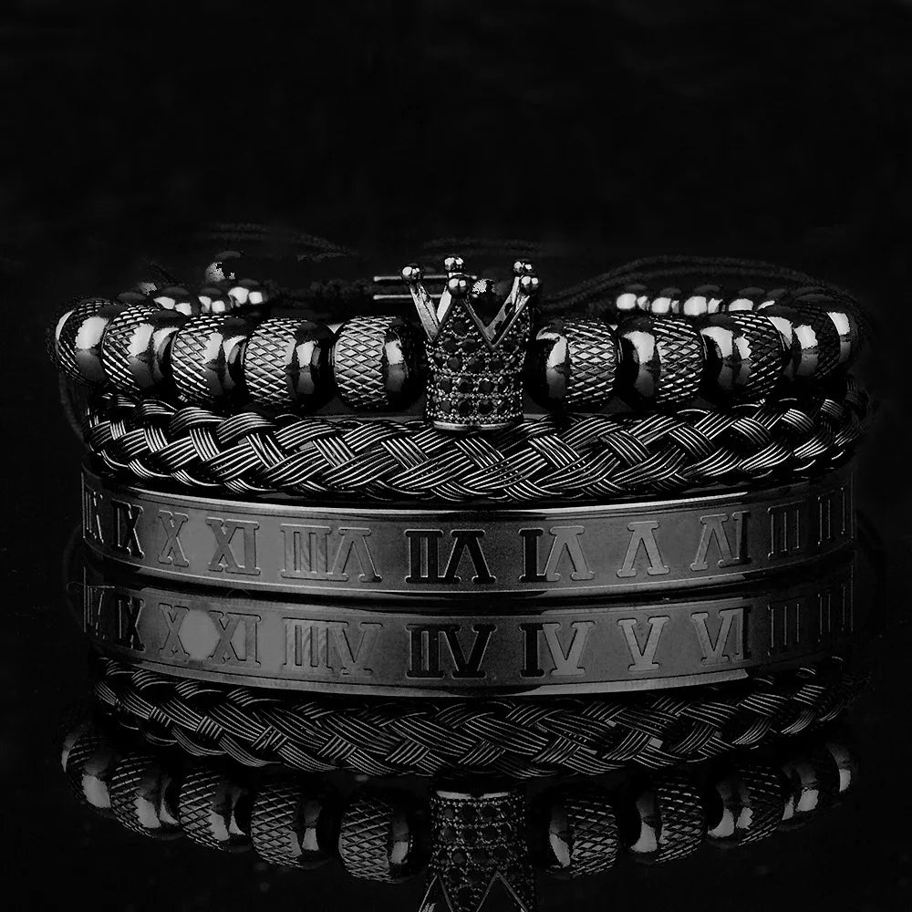 3pcs/Set Luxury Royal CZ King Crown Men Bracelets Roman Numeral Braided Adjustable