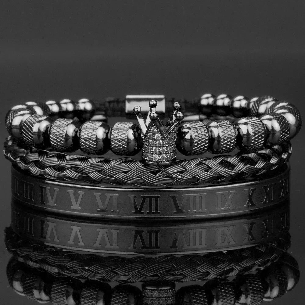 3pcs/Set Luxury Royal CZ King Crown Men Bracelets Roman Numeral Braided Adjustable