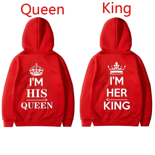 NEW Couples Hoodies I'M HIS QUEEN And I'M HER KING Print Hooded Long Sleeve Couple Queen King Sweatshirt Women Men Pullover