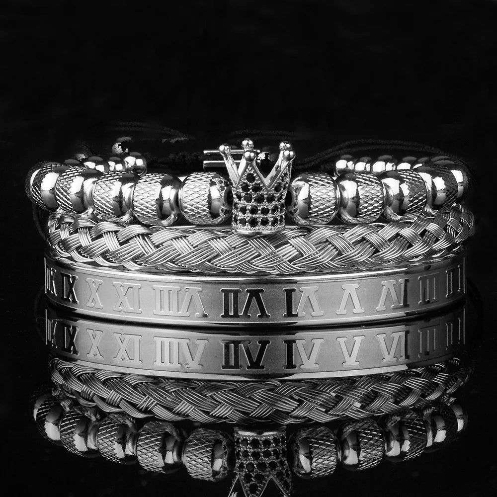 3pcs/Set Luxury Royal CZ King Crown Men Bracelets Roman Numeral Braided Adjustable