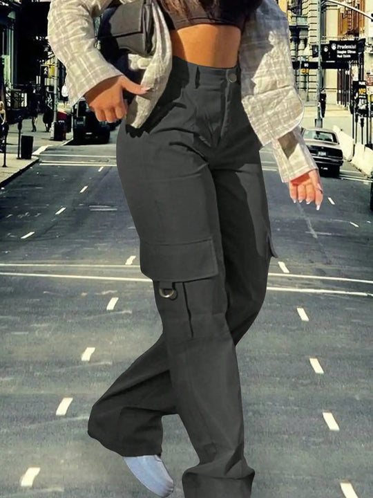 2025 Women’s Y2K High-Waisted Cargo Pants – Stretchy Wide-Leg Streetwear Trousers with Pockets