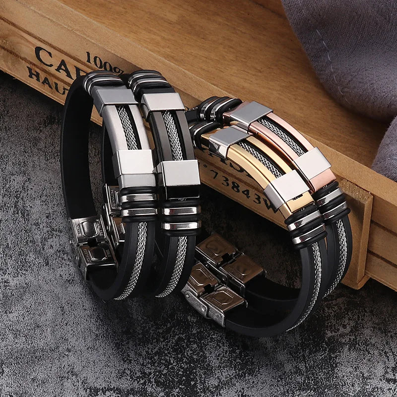 Fashion Stainless Steel Bracelets Men Wrist Band Black Grooved Rudder Silicone Mesh Link Insert Punk Wristband Casual Bangles