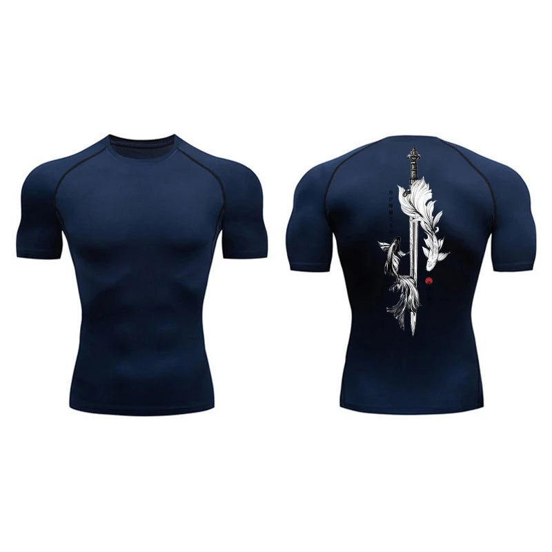 Yin Yang Sword Print Compression Shirt for Men – Quick Dry, Athletic Gym & Running T-Shirt